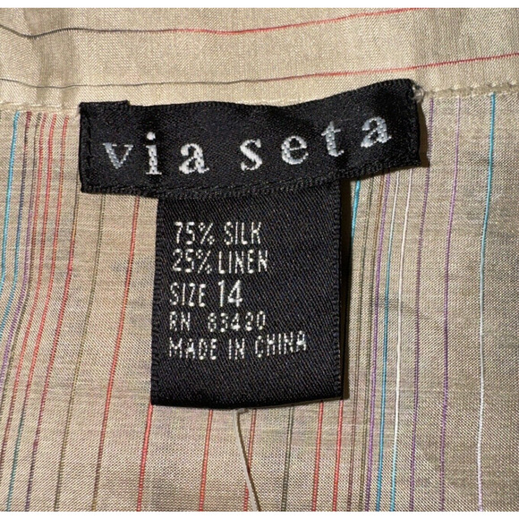 Via Seta Womens Silk Linen Shirt Dress SZ 14 Beige Multi Stripe Long Sleeve NWT - Picture 6 of 11